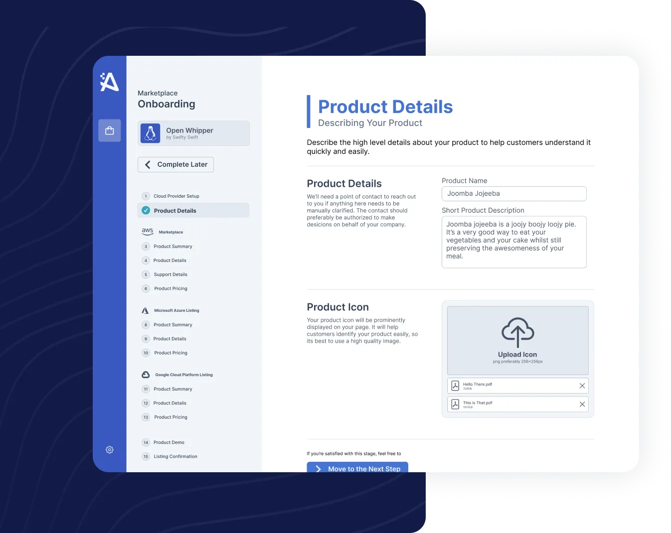 A digital interface displaying a product details onboarding page. The left sidebar includes navigation options. The right side features sections for product name, description, and an option to upload an icon with instructional text.