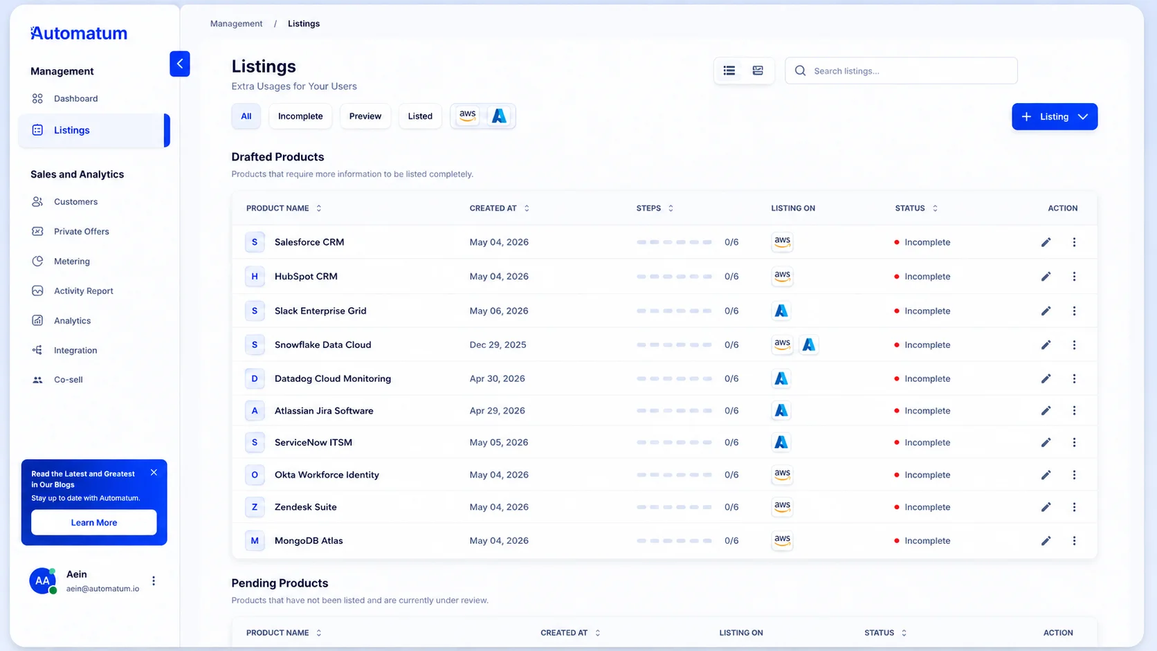 Automatum platform — listings dashboard