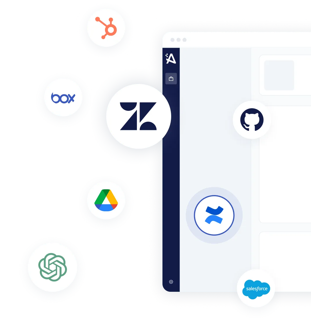 A digital interface displaying various application icons including Zendesk, GitHub, Box, and Salesforce. Icons are arranged around the central screen, indicating integration with multiple platforms such as Google Drive and a chatbot symbol. The overall layout emphasizes connectivity.